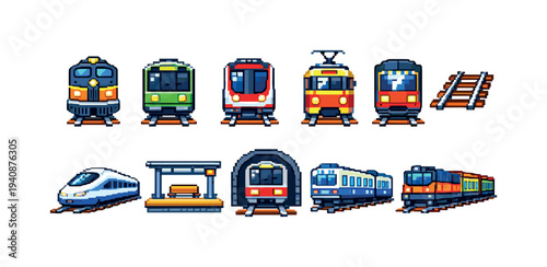 Transportation solid icon set. train, railway, subway, transit, locomotive vectors