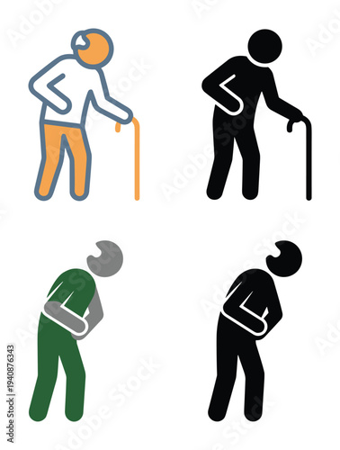 Elderly figures with cane and stomach ache icons. Old man standing using cane, man holding his stomach in pain symbol