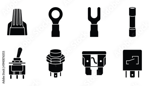 Electrical wiring components silhouette collection. Wire connector, terminals, fuse, and switches detailed illustrations.