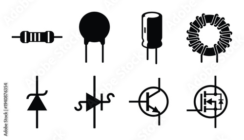 Electronic component symbols vector set, resistor, capacitor, inductor, diode, transistor, MOSFET detailed silhouettes
