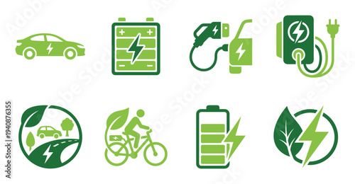 Electric vehicle energy icons set. Battery, car charging, bicycle eco transportation, green energy, sustainable concept
