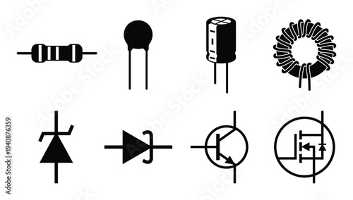 Electronic components symbols vector set including resistor, capacitor, diode, transistor, inductor and MOSFET symbols.