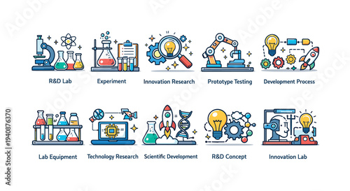 Science and innovation line icon set. research, technology, lab equipment line collection.