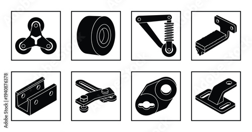 Elevator guide shoe roller icons vector illustration, mechanical component parts, with various designs and mounting brackets