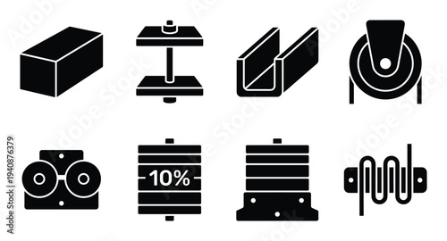 Elevator counterweight silhouette collection: box, weight, channel, pulley, lift, -10%, resistor, elevator parts, isolated symbols