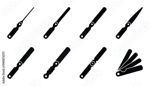 Feeler gauge leaf thickness icons set, engineering tools, gauges for measuring gaps, clearances, tolerances in mechanical parts
