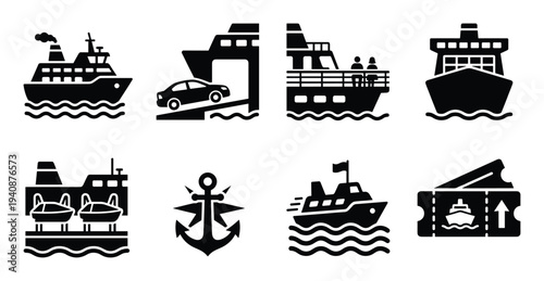 Ferry, car, passenger deck icons set. Cruise ship with smoke stack, ferry ticket and anchor glyph vector illustration
