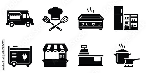 Food truck kitchen equipment icons: truck, chef hat, griddle, fridge, generator, storefront, cash register, cookware in black silhouette