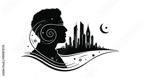 black silhouette cityscape with crescent moon and human head profile