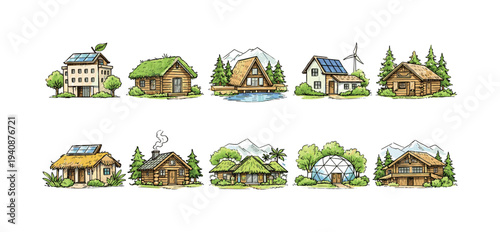 Eco-friendly, sustainable living flat icon set. green homes, solar, wind, nature icons