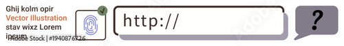 Internet security, identity verification, online browsing, authentication, web safety, tech support. A browser search bar with a fingerprint icon and a question mark. Internet security and identity
