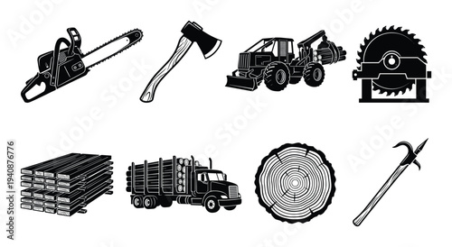 Forestry and logging detailed silhouette collection: chainsaw, axe, timber truck, lumber, tree cross section, log, machine