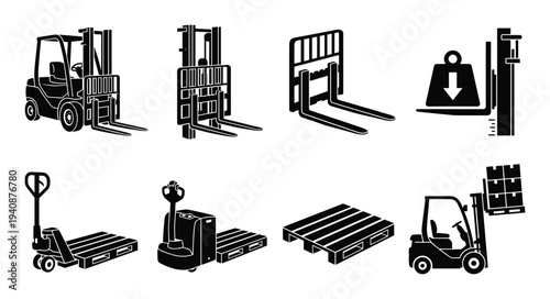 Forklift trucks, pallet jacks and pallets vector set. Forklift machine, handling equipment and cargo platform illustration