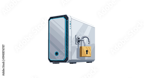 A modern white desktop computer tower with blue accents features an open golden padlock physically attached to its side.