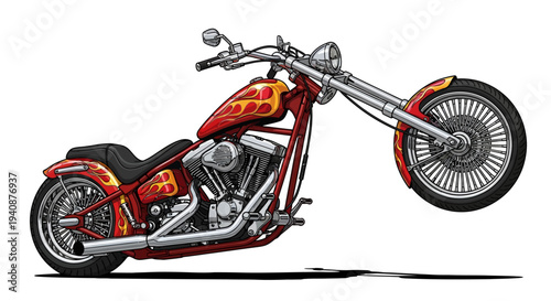 Custom chopper motorcycle with red and orange flames design.