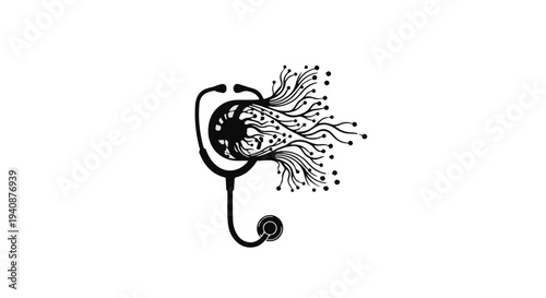 black and white illustration of a stylized ear with sound waves