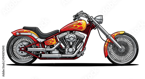 Custom chopper motorcycle with vibrant flame design and chrome accents.