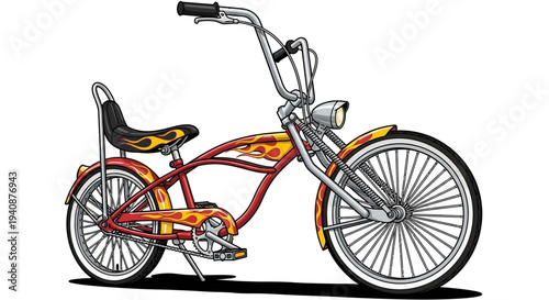 Vintage style lowrider bicycle with colorful flame design and high handlebars.