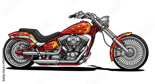 Custom chopper motorcycle with flame design and spoked wheels.