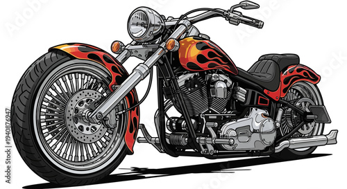 Custom chopper motorcycle with flame design on white background.