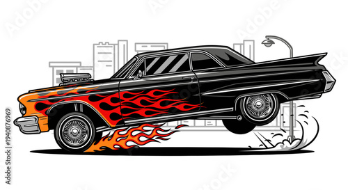 Vintage car with flame design performing a burnout stunt.