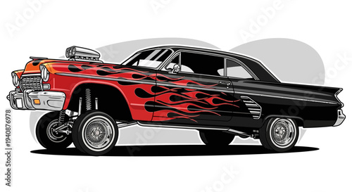 Vintage Custom Car with Flames and Hydraulic System.