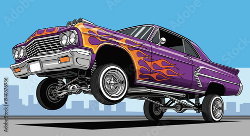 Vibrant Lowrider Car Jumping High in the Air with Flames Design.
