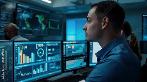 Network analyst monitoring multiple data dashboard screen with cybersecurity analyst monitoring