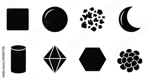 Geometric Shapes Collection: Square, Sphere, Shattered, Crescent, Cylinder, Diamond, Hexagon, Cluster Symbols
