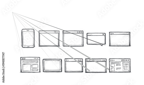 Sketch hand-drawn web development line icon set. website, coding tools outline collection