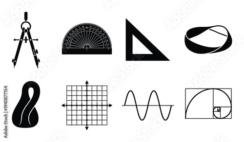 Geometry mathematics shapes collection, protractor, compass, triangle, golden ratio, sine wave, grid, Klein bottle design