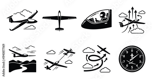 Glider icons set with wings, cockpit, silent flight and soaring thermal, aircraft design, aviation sport and hobby symbols