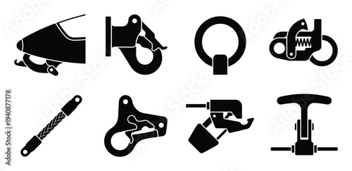 Glider tow hook mechanism icons set, black silhouette equipment, aviation, sailplane tow release system, rigging isolated