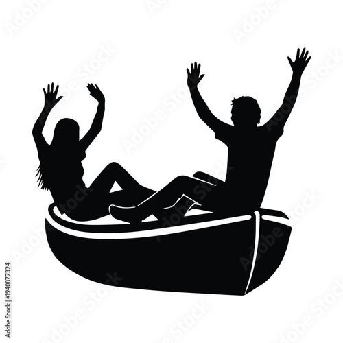 Couple enjoying thrilling boat ride with arms raised in excitement