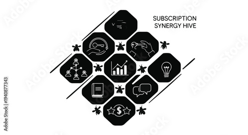 subscription synergy hive icons set for business and technology