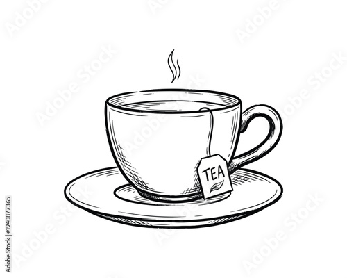 Hand drawn teacup with tea bag on a saucer, delicate steam rising, creating a cozy and inviting atmosphere for relaxation