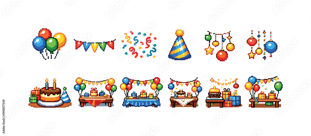 Fototapeta premium Birthday, celebration flat icon set. party, festive decorations and balloons flat icons