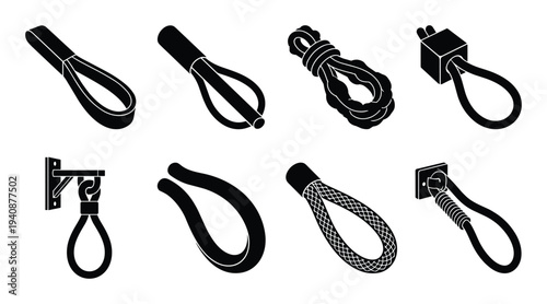 Hanging loop vector icons, different cable connection types isometric illustration, black silhouettes in realistic style