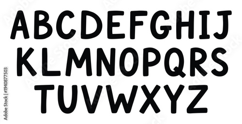 Handwritten alphabet vector illustration, messy uppercase script font style, detailed complete letters A-Z, black font