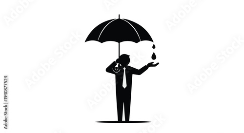 Businessman under leaking umbrella, rain falling, worried expression