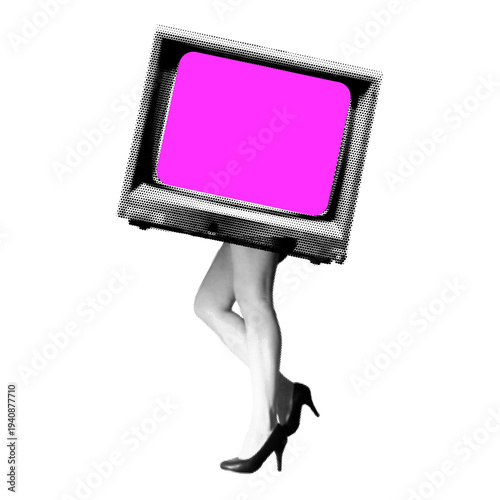 Surreal Retro Collage of Woman Legs with Vintage Television Screen Head in Halftone Dotted Effect Contemporary Pop Art Style