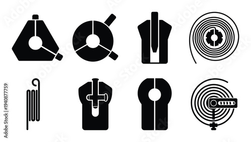 Horology hairspring collet icons, various tool designs for watchmaking, spring repair, mechanical components for timepieces.