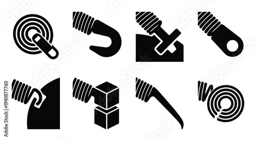 Horology mainspring detailed silhouette collection: Clocks parts, watch components with winding mechanisms in black