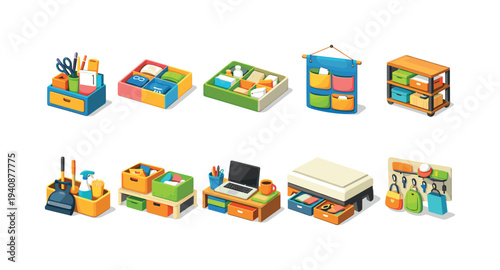 Organization, storage flat icon set. home and office organization icons flat collection