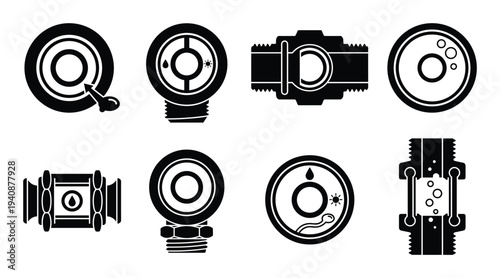 HVAC sight glass icons collection. Fluid flow indicators symbols set. Level monitoring components and indicators elements design.