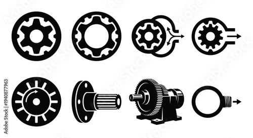 Hydraulic gerotor motor icons and mechanical gear set vector illustration, for engineering, and mechanical projects