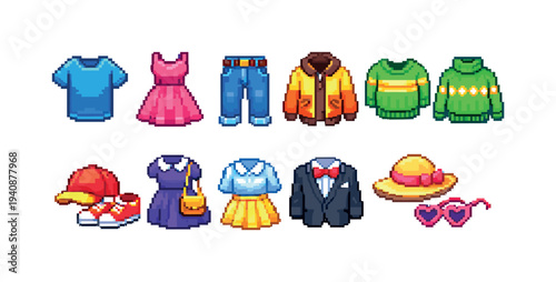 Clothing and accessories pixel icon set. 8-bit style fashion outfit icons collection