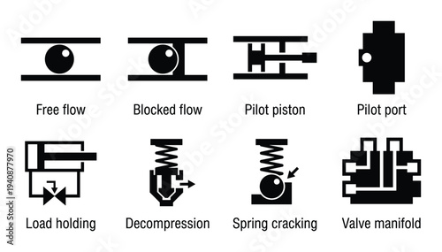 Hydraulic System Components Vector: Valves, Pistons, Ports and More Schematics Diagram, Black and White