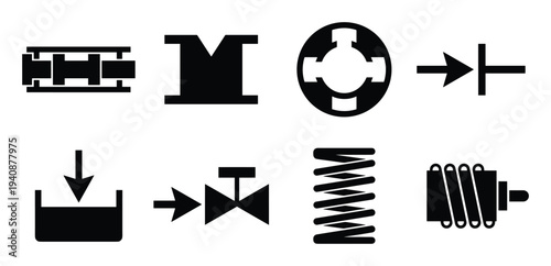 Hydraulic Symbols: Spool Valve, Land, Spring, Tank, Fluid Flow, Valve, Actuator Symbols Vector Illustration