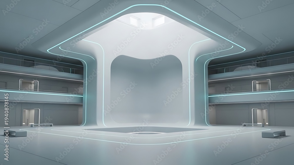 Obraz premium Futuristic White Interior Architecture with Blue Neon Lights